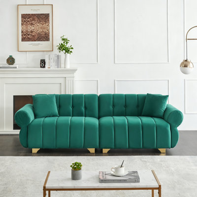 " modern 3-seater flannelette sofa | spring-wrapped cushions | stylish metal feet | 4 throw pillows | living room & bedroom