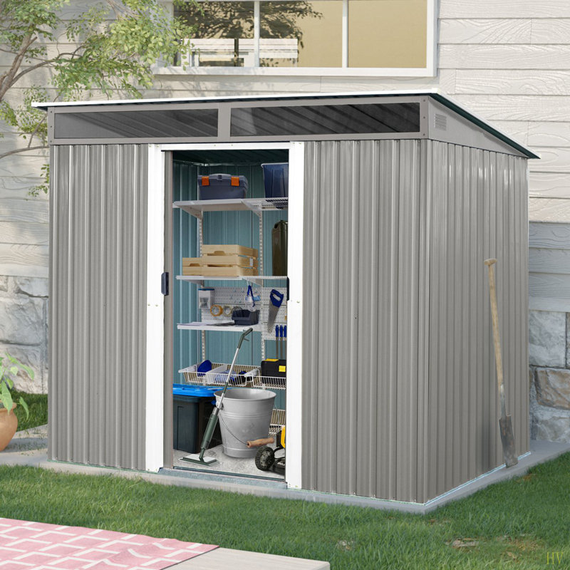 8Ft X 6Ft Outdoor Metal Storage With Lockable Sliding Doors And Transparent Plate For Garden, Lawn, Gray