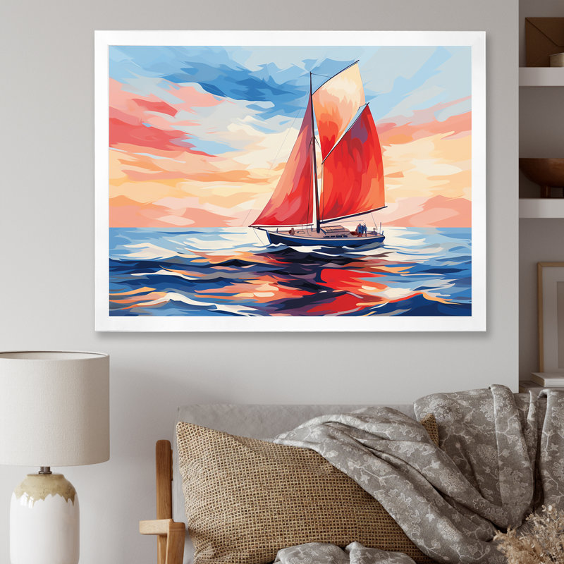 Coucher de soleil sur un bateau à voile I - Bateau, art mural, Cadre de coin blanc fermé, H 12 po x l 20 po x P 1 po