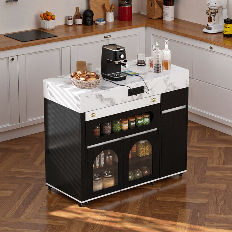 Îlot de cuisine roulant avec plateau pliable extra long, tiroirs, armoires, prise de courant et roues verrouillables, Noir