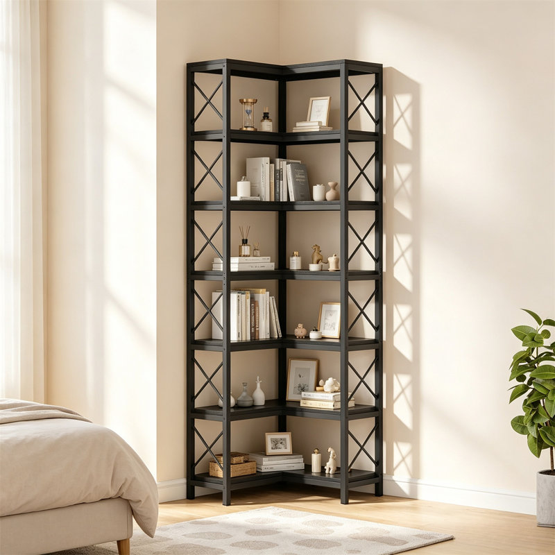 7-story large corner bookshelf | Modern industrial ladder rack, home office metal frame display rack, Black