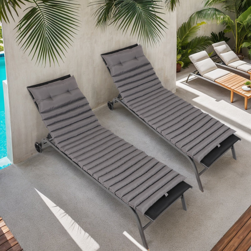 Gray Weather-Resistant Fabric Outdoor Chaise Lounge Cushion Set