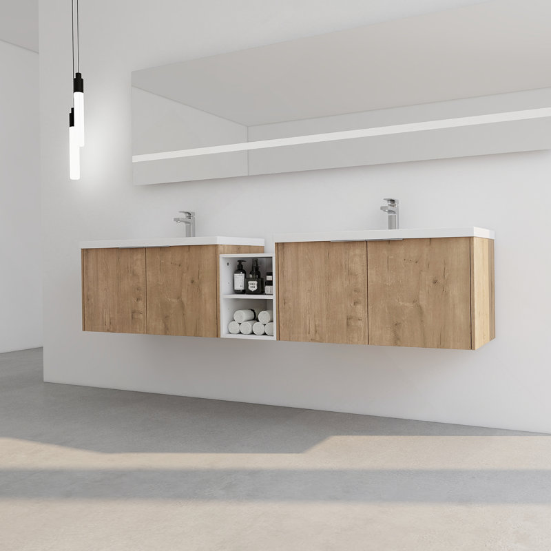 Meuble-lavabo à fermeture en douceur avec lavabo, 82.9", Imitation chêne