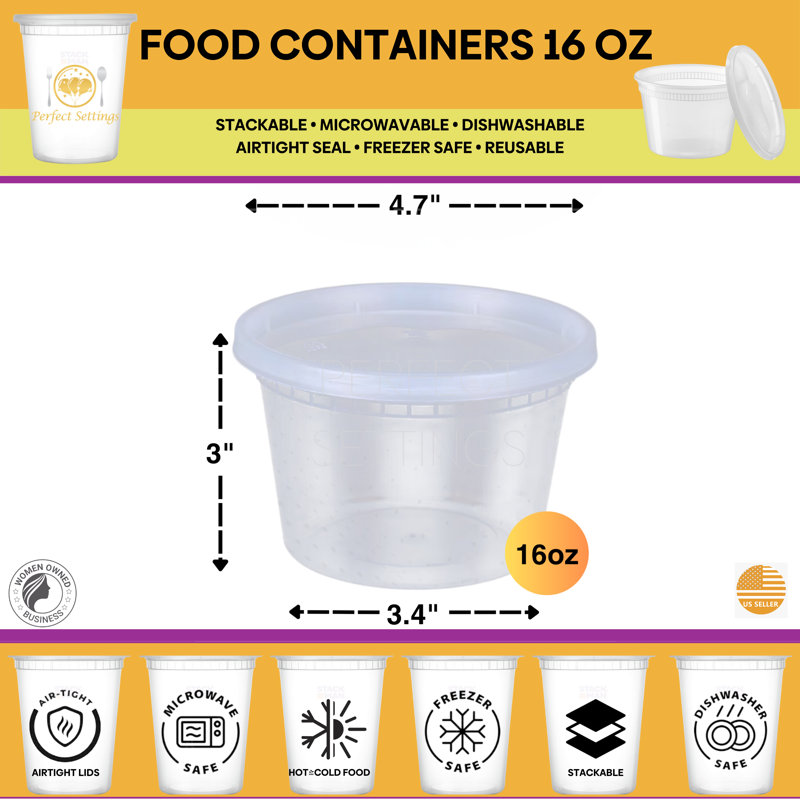 Clear 16oz Plastic Meal Prep Containers with Snap Lids, Set of 40
