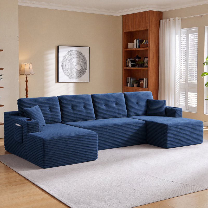 Canapé d'angle modulaire en forme de U de 133 po de large avec 2 méridiennes, canapé infonuagique en velours côtelé à assise profonde