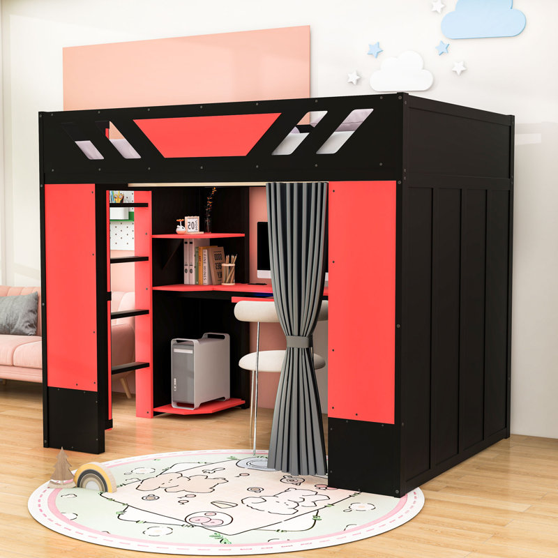 Lit mezzanine double en bois avec bureau, tablettes, port USB et lumières RVB, Noir / Rouge