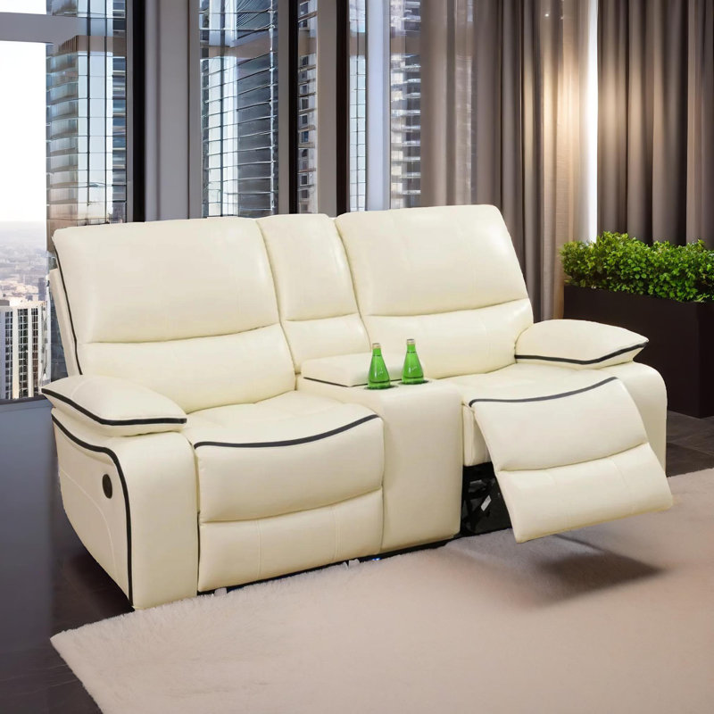 Maple  White Vegan Leather  Reclining  Loveseat With Cup-Holders And LED Lights
