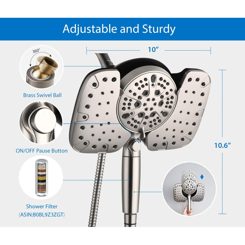 10 Inch 2-in-1 Shower Head Combo: Rain Shower & 10-Setting Handheld with Hose, NIckel