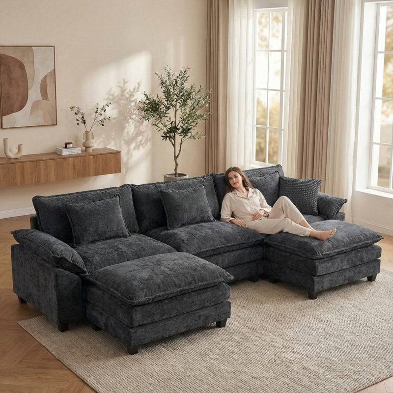 Canapé modulaire U, Chenille noir, H 34,6 po x l 120 po x P 33,8 po