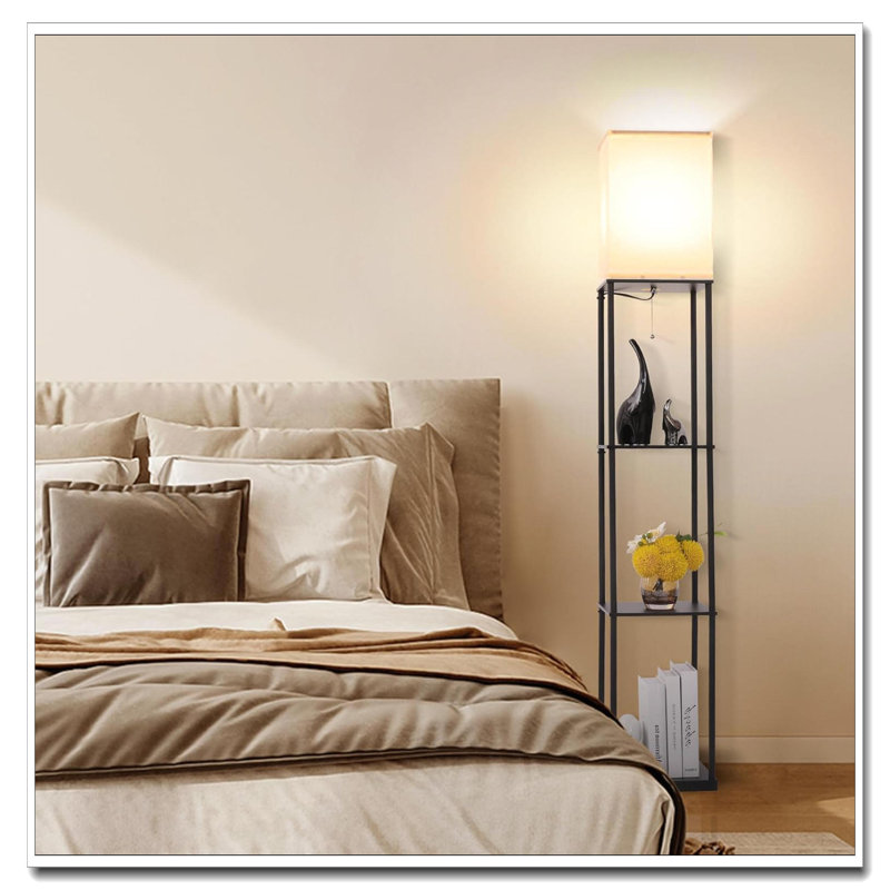 Black Floor Lamp With Shelves – Smart RGB LED, APP-Controlled Square Bookshelf Lamp For Living Room, Bedroom & Office, Black