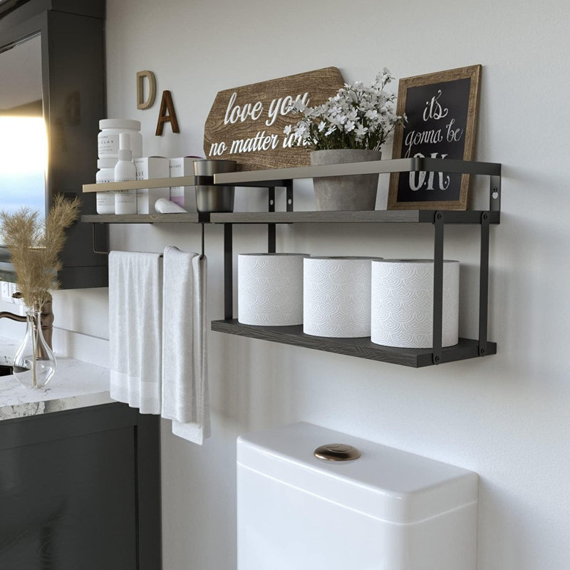 Wall-Mounted Floating Shelves Set Of 2, Rustic Wood Shelves With Tissue Rack & Towel Bar