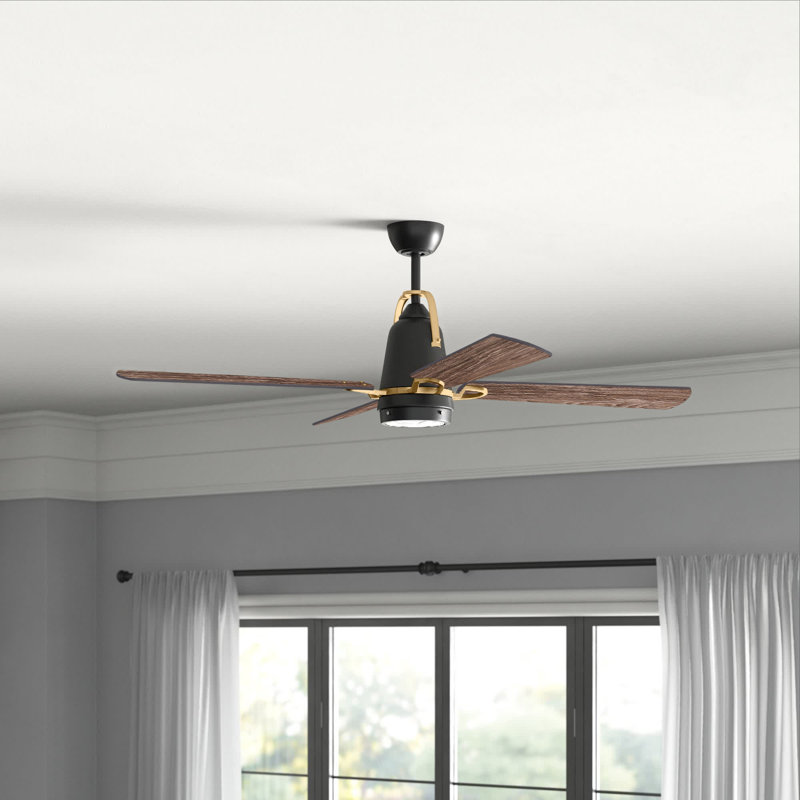 Ventilateur de plafond standard à DEL à 4 pales de 52 po avec ensemble d'éclairage inclus Folkeste, Noir mat / laiton satiné
