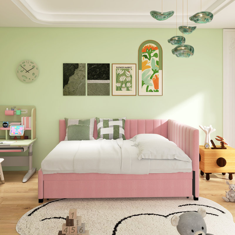 Upholstered Daybed With Trundle Sofa Bed Frame, Full, Pink