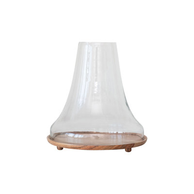 Cloche en verre récupéré avec base en bois de manguier, naturel