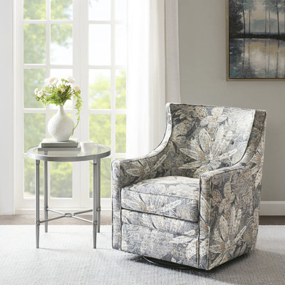 Fauteuil pivotant à 360° - Aucun assemblage requis, revêtement bleu multicolore, dossier incurvé pour un confort optimal, coussin d'assise amovible, structure en bois massif et métal, montage facile, multicolore