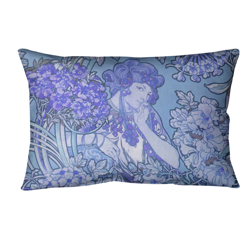 Coussin lombaire à fleurs alphonse mucha, Bleu, Faux lin