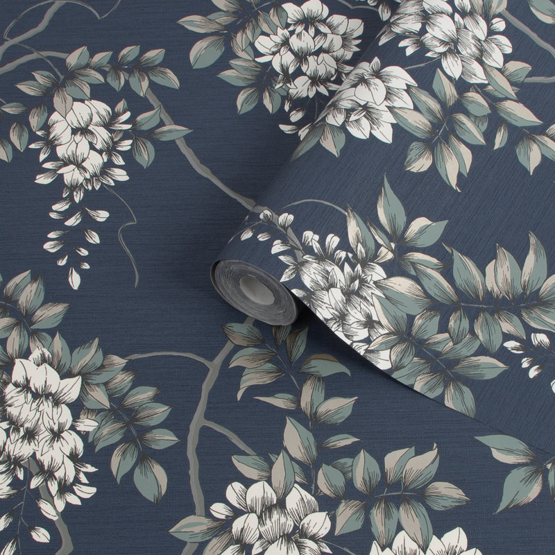 Zen Floral Metallic Wallpaper Double Roll, Navy