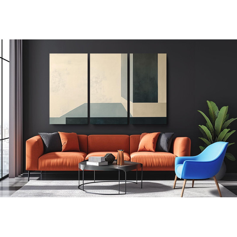 Triptych Canvas Wall Art – Large Minimalist Abstract Triptych Canvas Set - Geometric Wall Art in Neutral Beige Soft Green and Earthy Tones for Elegant Modern Decor