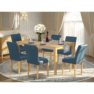 7 Piece Dining Table Set Consist of a Rectangle Dining Room Table and 6 Oasis Blue Faux Leather Upholstered Parson Chairs, 36x60 Inch, Oak