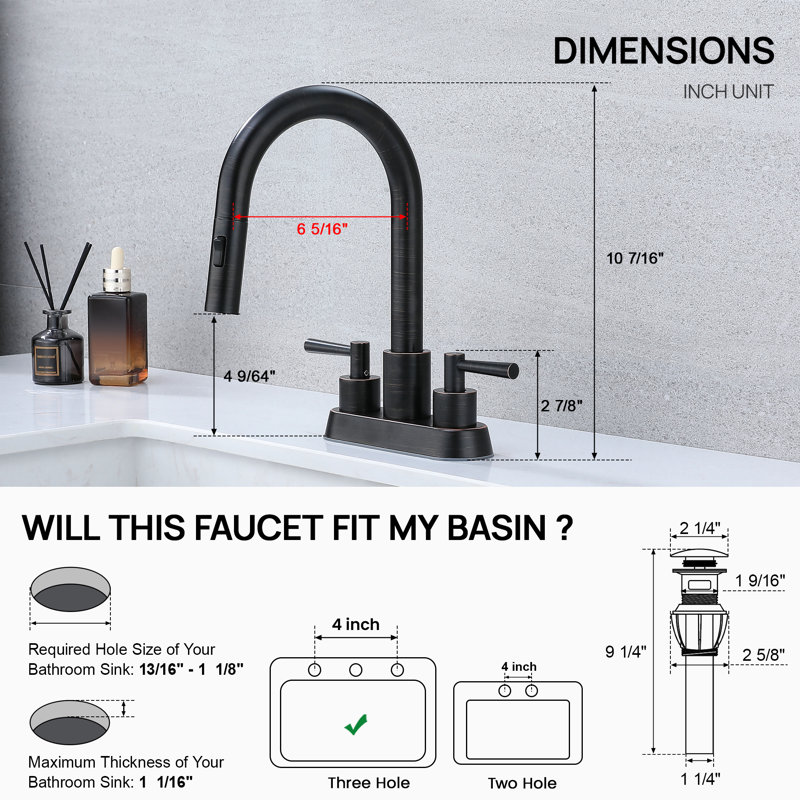 4 po Robinet pour salle de bain à poignée double à grande arche Centreset avec douchette extractible et bonde escamotable