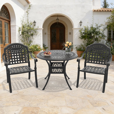 Ensemble de salle à manger rond de patio 3 pièces de 90 cm (35,43 po) avec trou pour parasol, 2 chaises empilables, coussins bleus