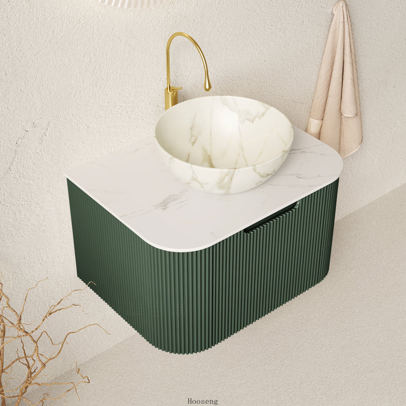 Meuble-lavabo flottant vert foncé 24 po avec armoire à rayures courbées, lavabo en céramique blanc mat et plateau en pierre frittée