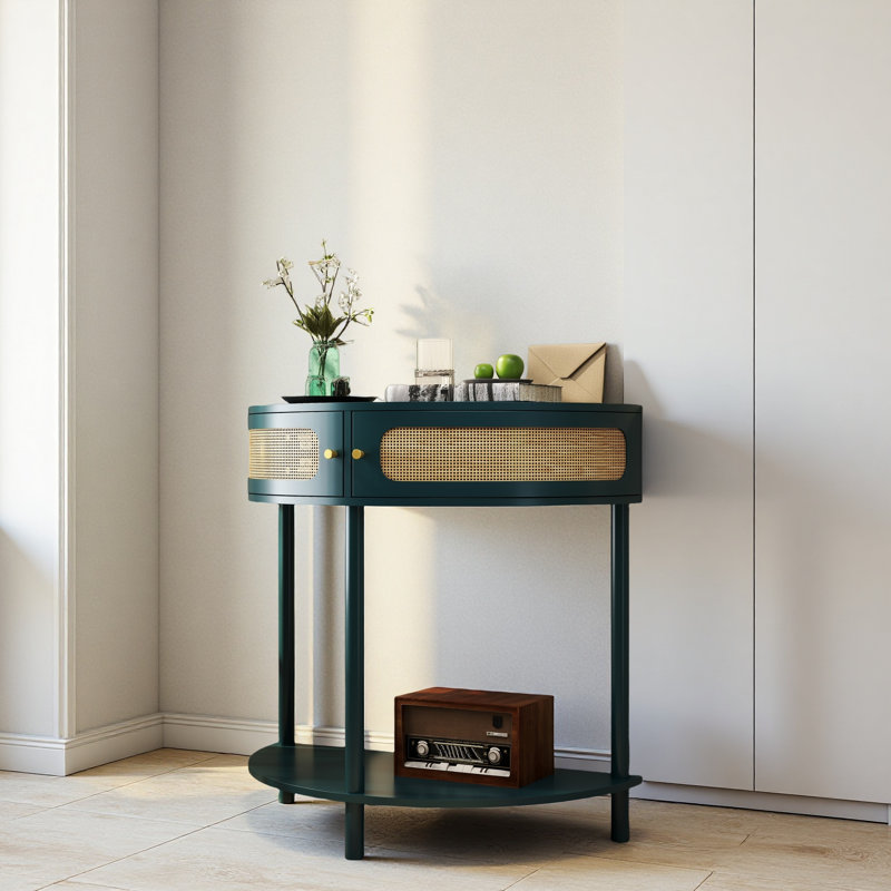 Table de bout unique en demi-lune avec porte coulissante en rotin, console élégante en demi-cercle avec 2 armoires de rangement en rotin et tablette inférieure