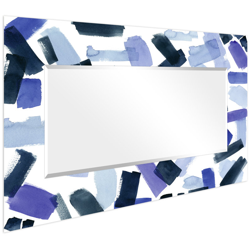 "Cerulean Strokes"Rectangular Beveled Mirror on Free Floating Reverse Printed Tempered Art Glass, 72" x 36"