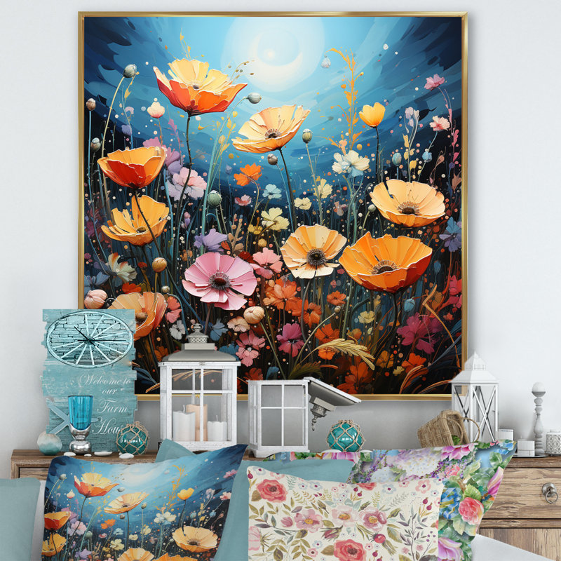 «Wildflowers Vibrant Meadows Pointillism II», reproduction sur toile, 30" H x 30" W, Cadre flottant doré