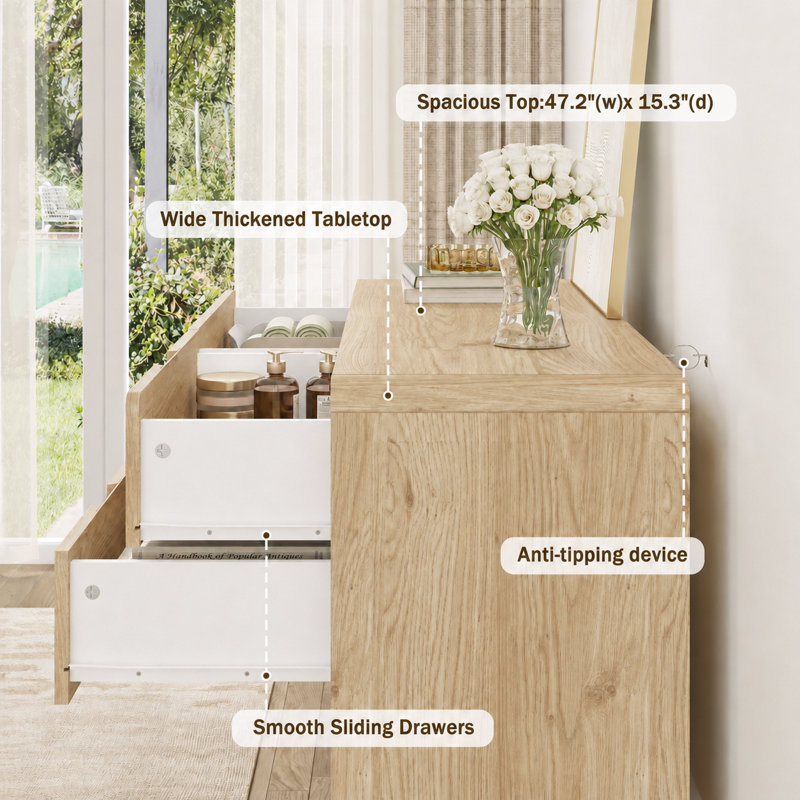 6-Drawer Dresser 47.2"W Double Dresser With Rounded Edges,Bedroom Dresser,Wooden Chest Of Drawers, Oak