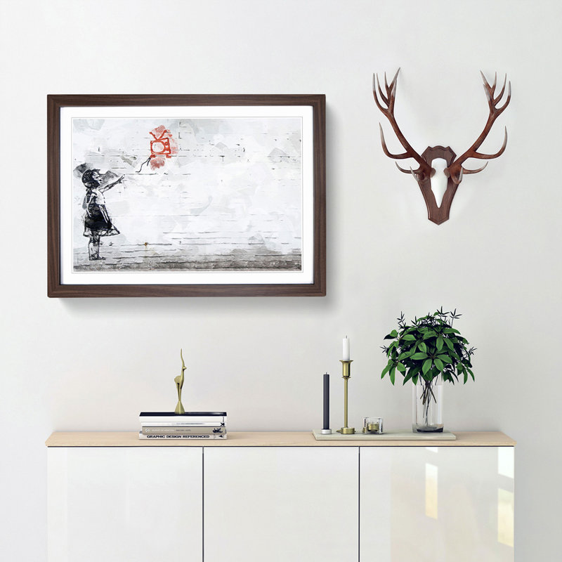 Balloon TV Girl by Banksy - Picture Frame Drawing Print, 27cm H x 36cm W x 2cm D, Walnut Framed