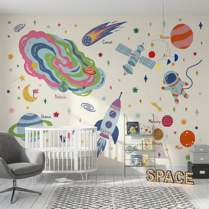 Décoration murale flottante astronaute sur fond blanc, Texturé non collé, 100 po x 96 po