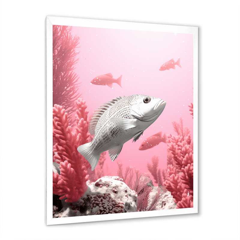 Rampe de poissons monochrome rose et blanche, H 40 po x l 30 po x P 1,5 po, Cadre simple blanc