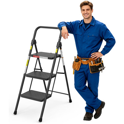 Folding 3‑Step Ladder – 3‑Step Stool for Adults with Cushioned Handle, Wide Pedal, and 330 lbs Heavy‑Duty Load Capacity