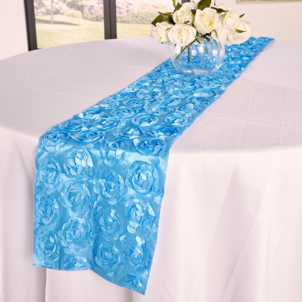 Rosette Table Runner - 3D Textured Fabric with Cloth Flowers - Wedding, Centerpiece & Party Decor - 12x108 Inch