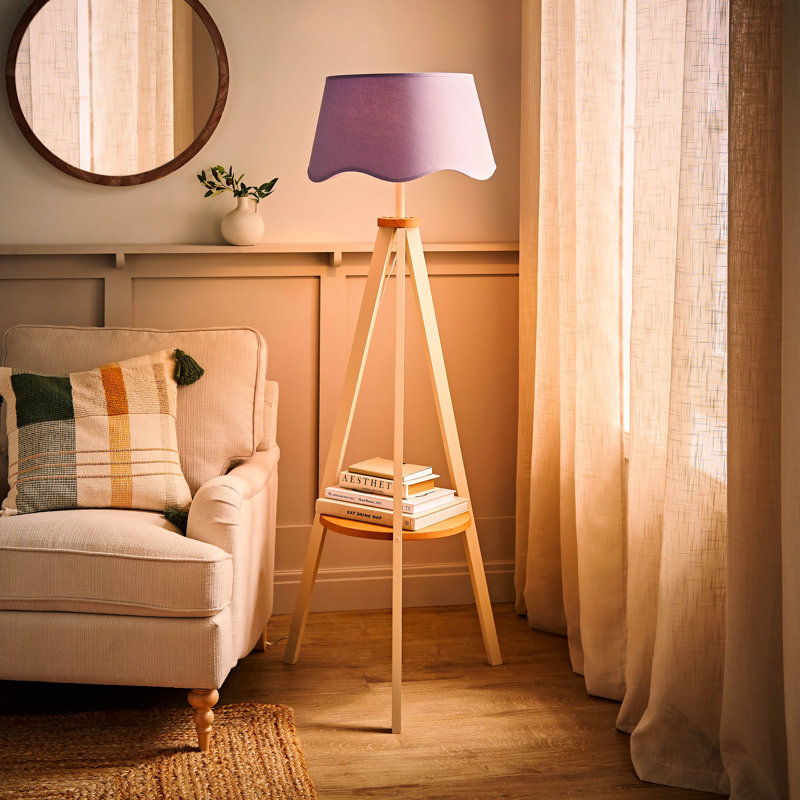 Morrigan Painted Cream Tripod Floor Lamp with Scalloped Shade, Purple, No