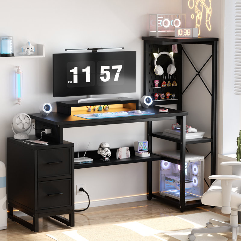 Reversible L Shaped Desk with Power Outlets and Fabric Drawers, Black