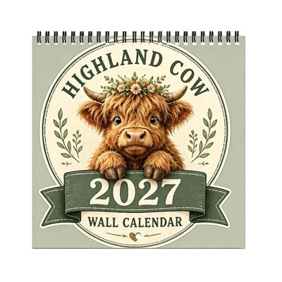Calendrier mural d'Halloween 2027 avec une vache écossaise mignonne - Tableau acrylique - Calendrier mensuel de style ferme vintage - Décoration murale pour la maison ou le bureau - Agenda suspendu de 12 mois