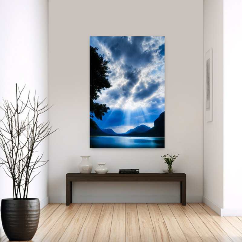 God Rays Over Sylvenstein Lake, Bavaria, Germany Abstract Contemporary Forest Landscape Wall Art, H 60 po x l 40 po