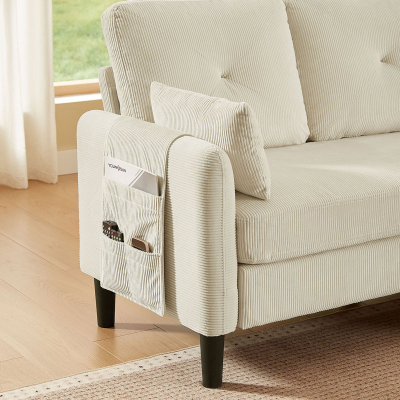 Corduroy Sectional Sofa with Storage Ottoman and Side Storage Pockets, 35.83" H x 77.17" W x 26.57" D, Beige Corduroy