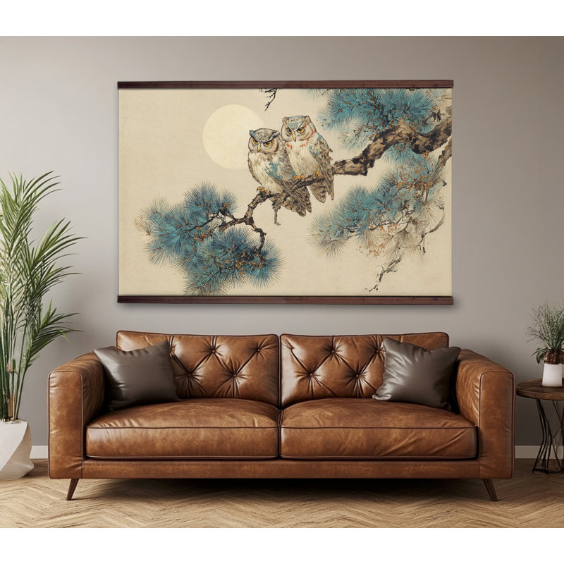 «Owls on Tree Branch», art mural sur toile, H 45 po x l 73 po