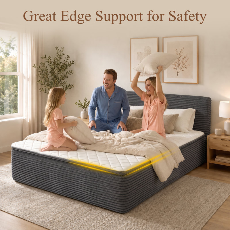 Lit plateforme de compression rembourrée avec tête de lit capitonnée, Grand lit, Gris