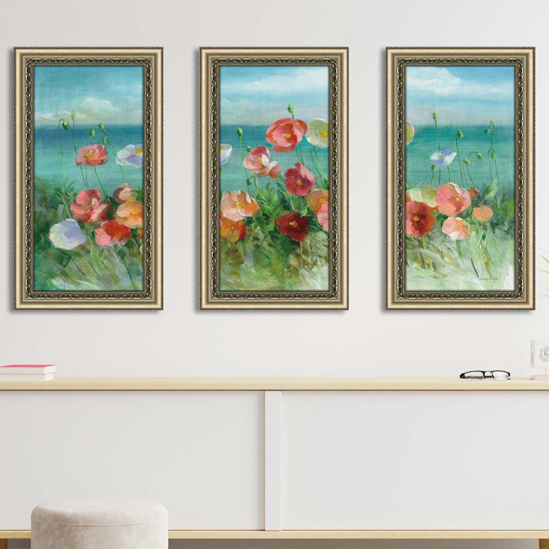 Coquelicots côtiers - peinture sur cadre 3 pièces, H 27,5 po x l 46,5 po x P 0,75 po