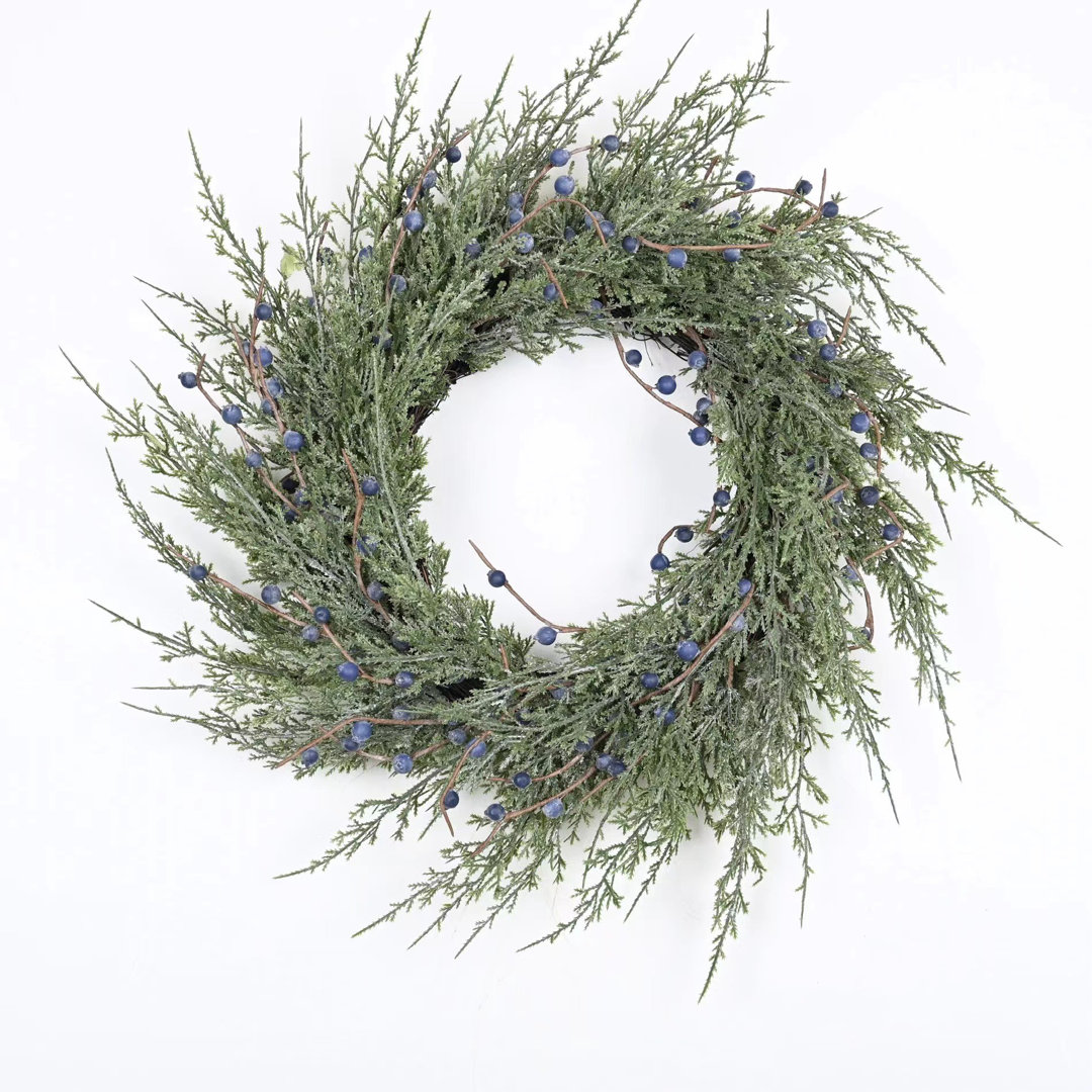 24" Artificial Winter Christmas Cypress Berry Wreath For Front Door Primrue