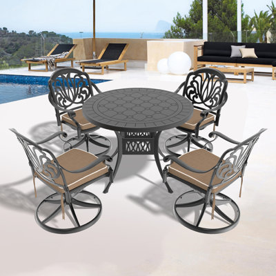 Ensemble de salle à manger 5 pièces en aluminium coulé résistant aux intempéries, comprenant 4 chaises pivotantes et une table ronde de 39,37 po avec structure noire