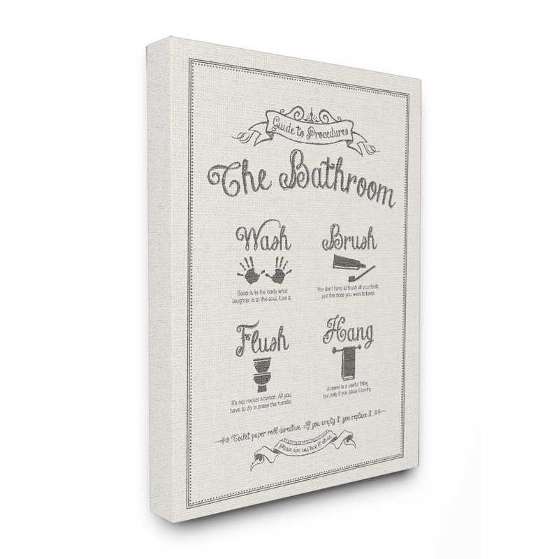 «Guide to Bathroom Procures» par Lettred and Lined - cadre flottant, reproduction d'art textuel sur toile, Toile tendue