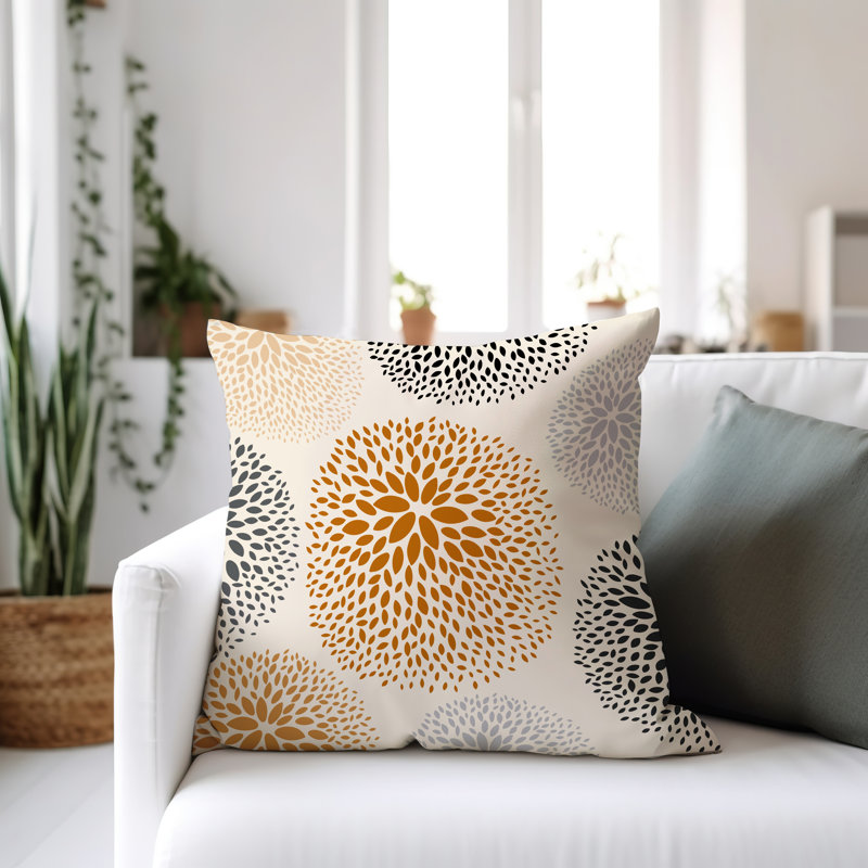 Coussin décoratif intérieur / extérieur en polyester filé à la main Bavière, H 15 po x l 15 po, Orange / crème / noir / gris