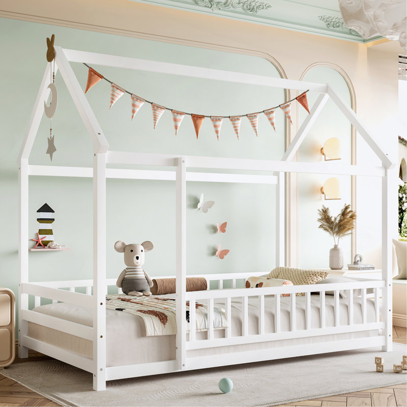 Floor Wooden Bed With House Roof Frame, Fence Guardrails, Twin, White