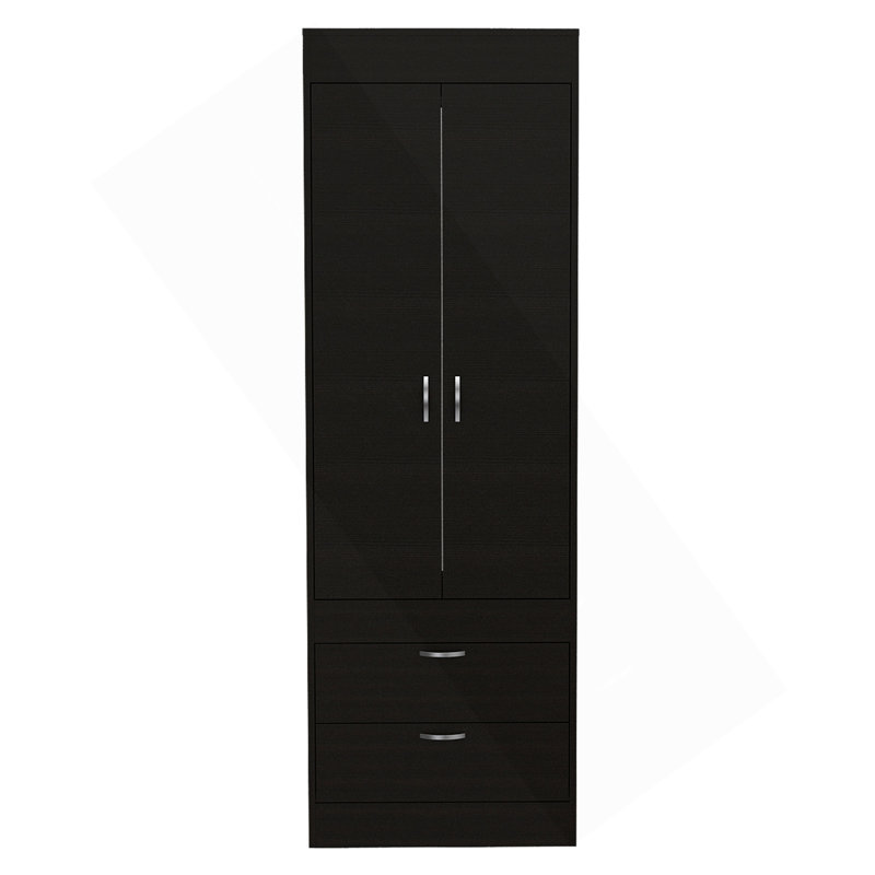 Armoire Lisboa, tringle, double porte, deux tiroirs, poignées en métal, Noir