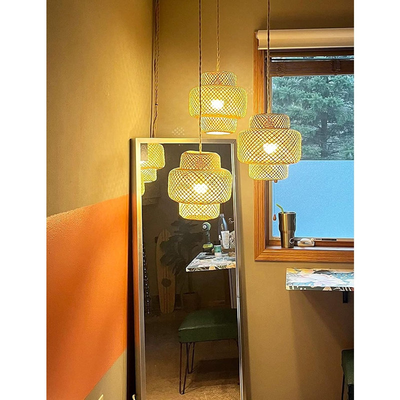Plug In Pendant Light Rattan Hanging Lights With Plug In Cord Bamboo Hanging Lamp Dimmable,Handmade Woven Boho Wicker Basket Lamp Shade,Plug In Ceiling Light Fixture For Living Room Bedroom Kitchen